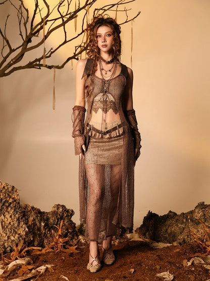 Brown Bodycon Skirt with Mesh Overlay and Belt - Virtual Orbit
