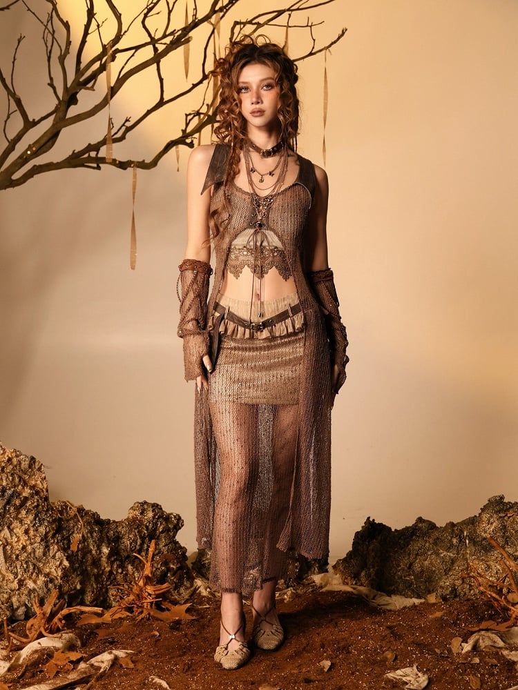Brown Bodycon Skirt with Belt and Mesh Overlay - Virtual Orbit