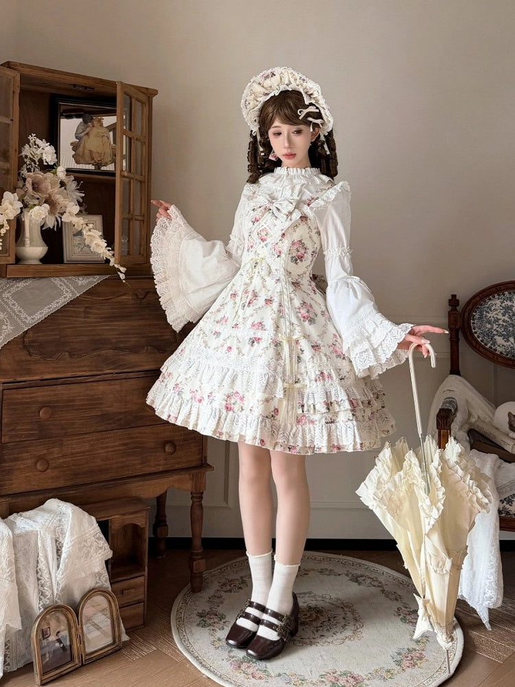 White Floral Cotton JSK Dress with Bow and Snowfall Theme