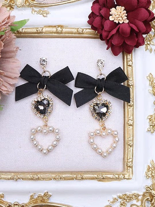 Kei Jirai Earrings Heart Rhinestone Bowknot