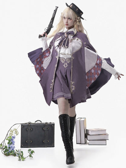 Magic Carnival Purple & White Bow Tie Blouse with Striped Skirt and Cape Set - Xiong Dou Jiang