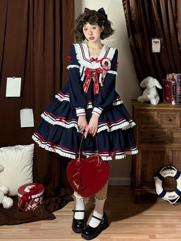 Lolita-Kleid, kurz, abnehmbar, Marineblau, mit Ärmeln, blau, Sommer-Matrosenkragen