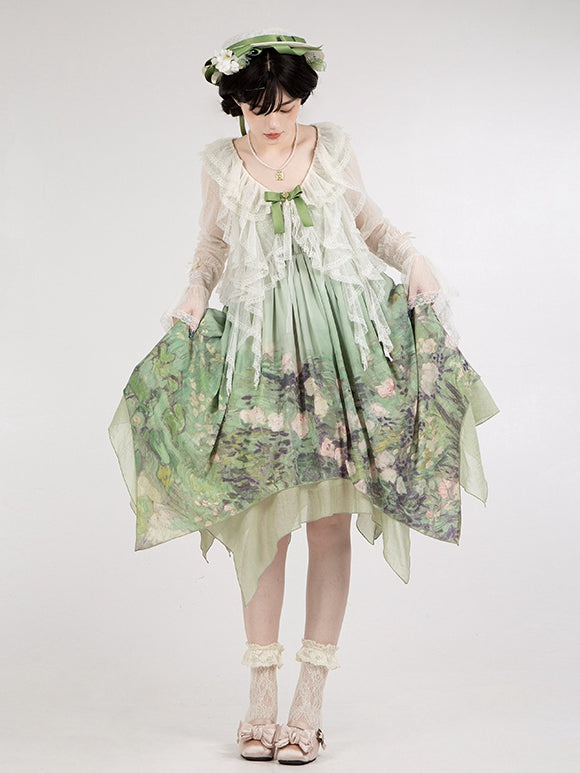 White Top Trim Sleeves Ruffle Long Dotted Sheer Cascading Tulle