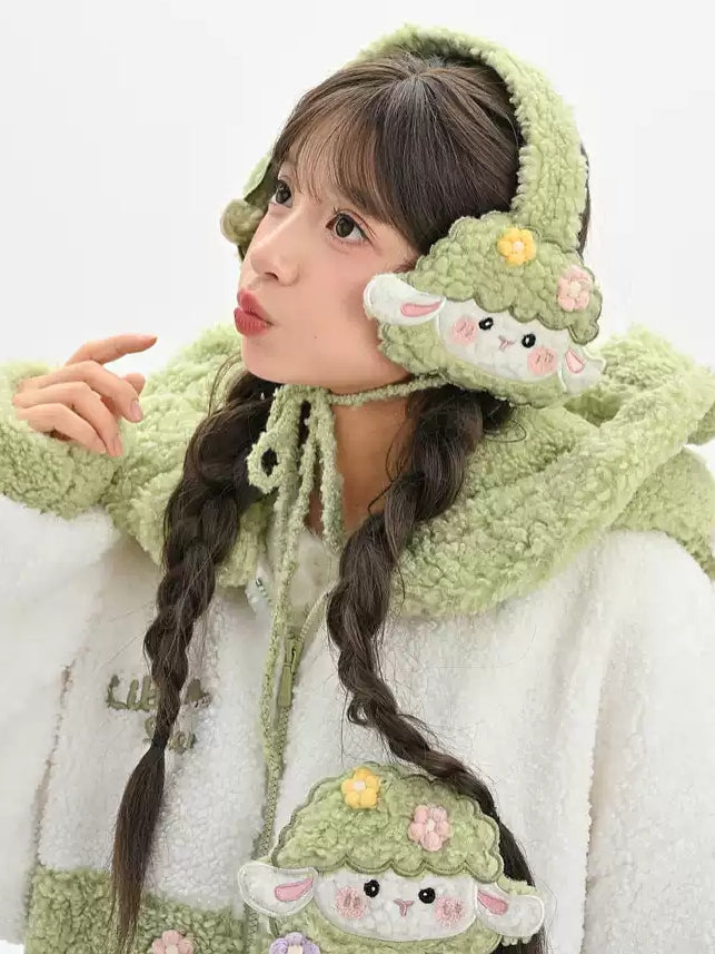 グリーンのキュートなラムフリースイヤーマフ