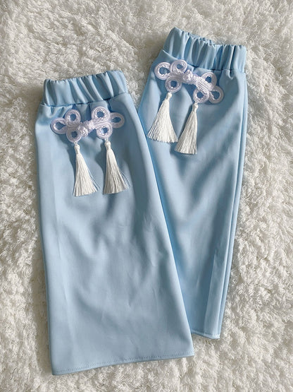 天使の快和 ブルータッセル＆ノットボタンレッグウォーマー