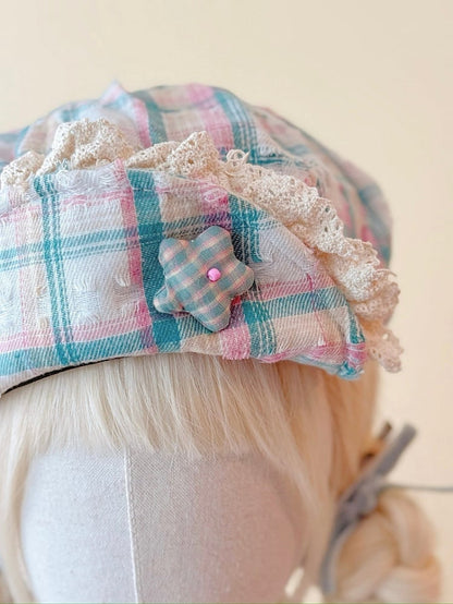 Pink Plaid Star and Accent with Green Beret