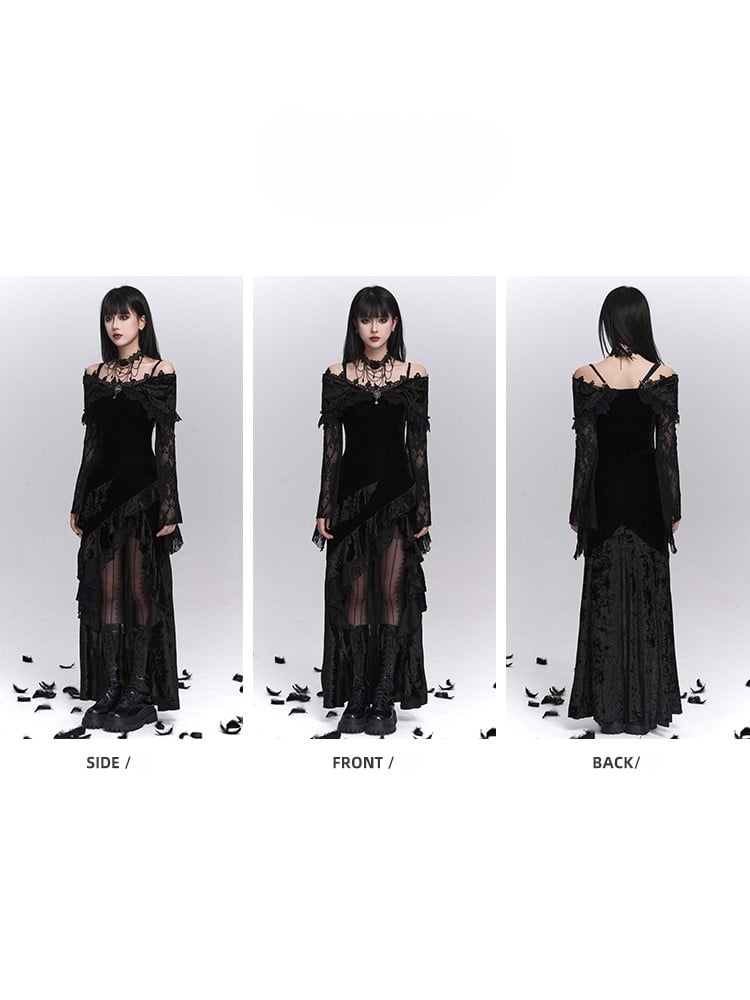 Schwarzes Gothic-Kleid mit schulterfreien Ärmeln und Blumenglocke als Halloween-Kleid