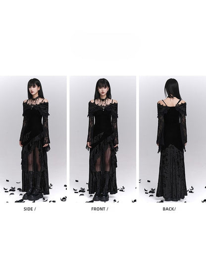 Schwarzes Gothic-Kleid mit schulterfreien Ärmeln und Blumenglocke als Halloween-Kleid