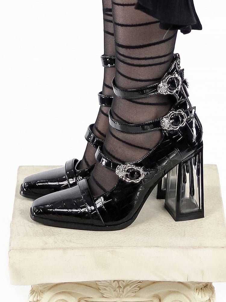 Polierte schwarze Gothic-Krokodil-Schnallenriemen mit Bluttropfen-Blockabsatz