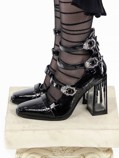 Polierte schwarze Gothic-Krokodil-Schnallenriemen mit Bluttropfen-Blockabsatz