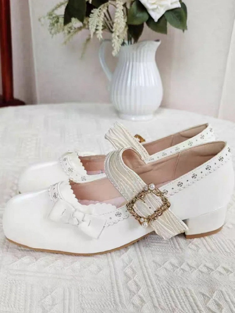 Mary Straps - White Janes Low/Mid Cutouts Elegant Lolita Pleated with Heel PU Floral