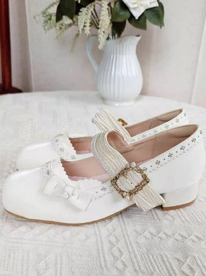 Mary Straps - White Janes Low/Mid Cutouts Elegant Lolita Pleated with Heel PU Floral