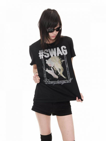 Genderless Punk Black Tee with Girl Rhinestone Print - DETW OnLine