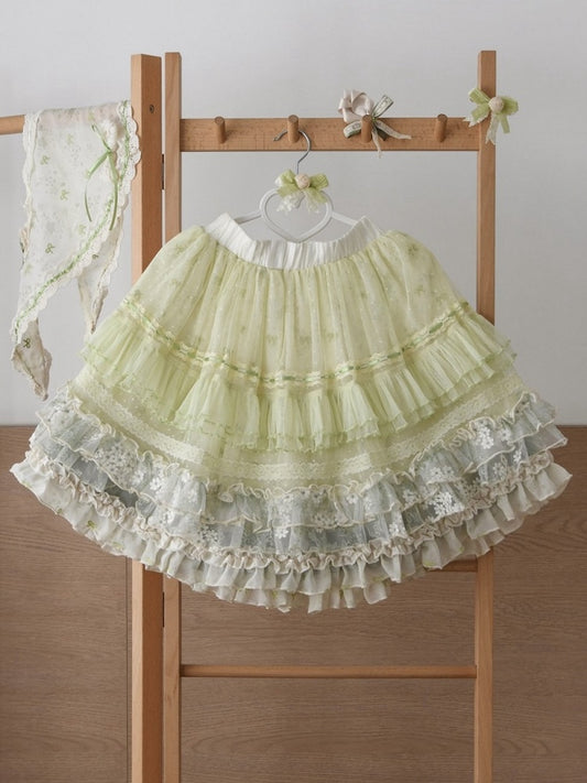 Short Green Bowknot Embroidery Classic Lolita Layered Ruffle Skirt - Amor Design