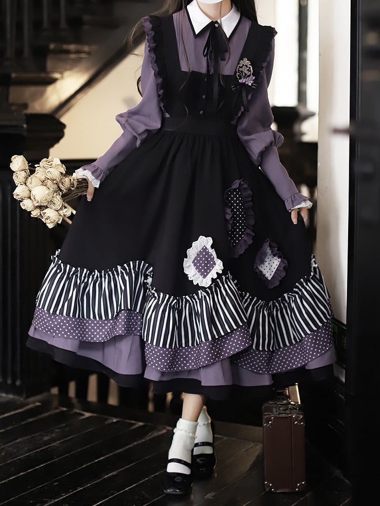 Dress Bittersweet Lolita Apron in Black Stripes and Purple Polka Dot
