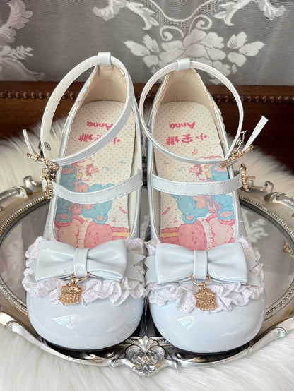 Shape Mid-heel Pudding Mary Heel Decor Jane Round Shoes Pumps Cute Toe Blue with Sweet - Lolita Bow