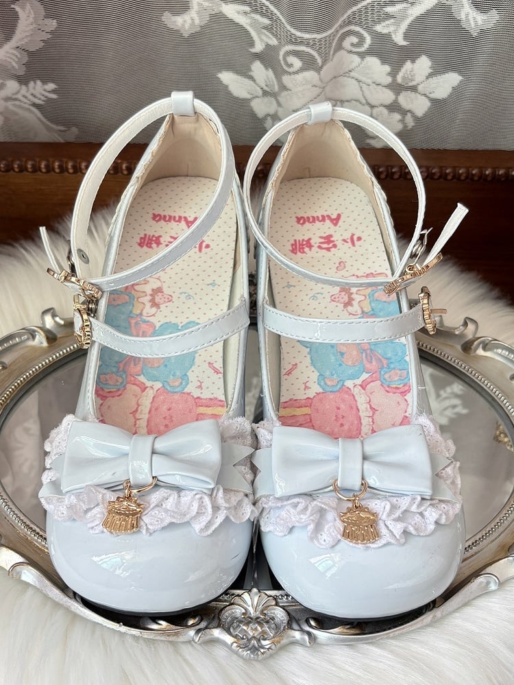 Bow Round Cute - Pumps Lolita Toe Mid-heel Pudding Decor Jane Heel Mary with Shoes Blue Shape Sweet