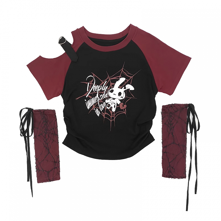 レッド/ピンク/パープルのTシャツプリントスリーブ付きY2Kカットアウトショルダースパイダーウェブ
