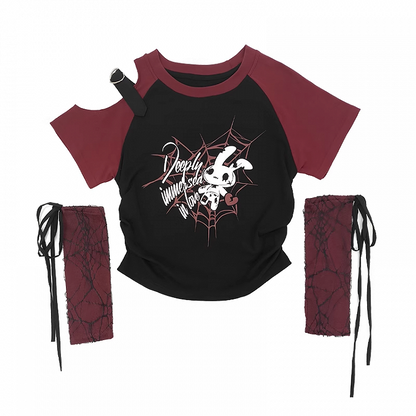 レッド/ピンク/パープルのTシャツプリントスリーブ付きY2Kカットアウトショルダースパイダーウェブ