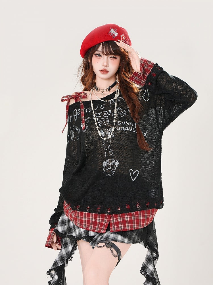 Asymmetrical Neckline Puppy Print Beige/Black Hem Plaid