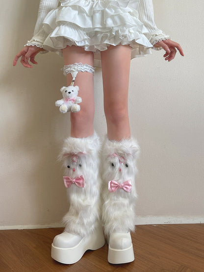 Pink Warmerswith Leg Decoration Kitty Bow Plush White