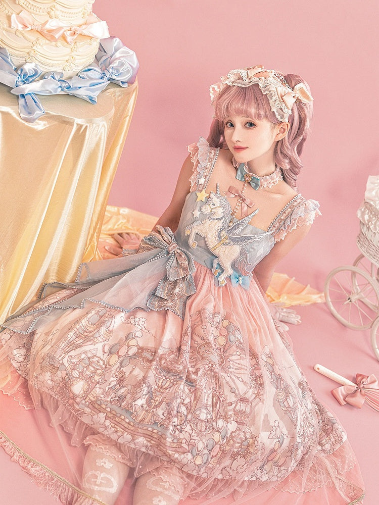 Amusement Park Themed Sleeveless Lolita Frock in Sweet Pink & Blue with Lace Choker - Xiong Dou Jiang