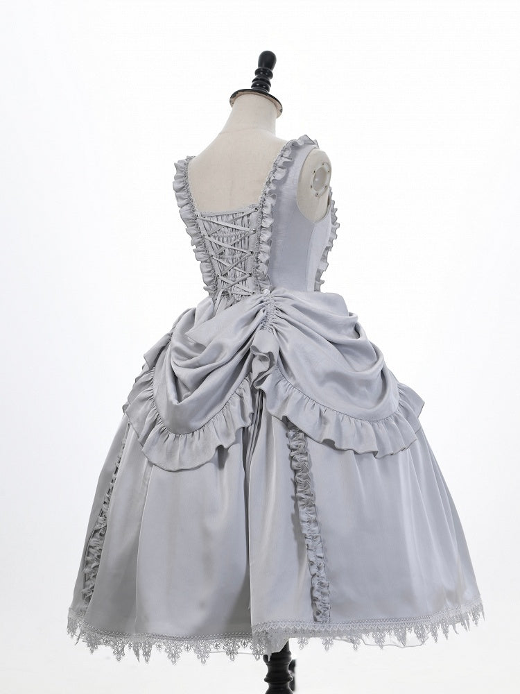Gothic Gray Grim Reaper Scale Print Dress with Detachable Waist Bows