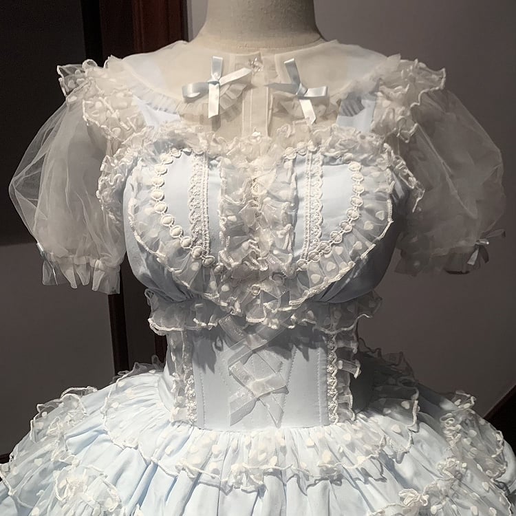 Polka-dot Hime Lolita Hanayome Lolita Kleid Muster Herz Blau JSK Rüschen Herz Vorne