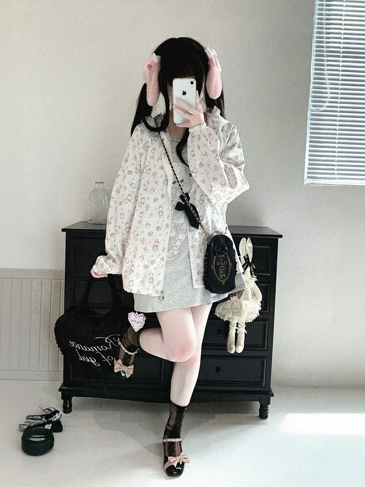 Bunny Print Hooded UV Protection Jacket, Pink & White, Ryousangata - Kitty Bxllet
