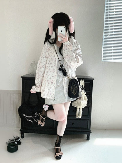 Bunny Print Hooded UV Protection Jacket, Pink & White, Ryousangata - Kitty Bxllet