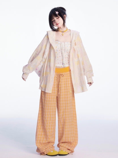 Drawstring Cuffs Wide-leg Casual Pants Orange Plaid Elastic Waist