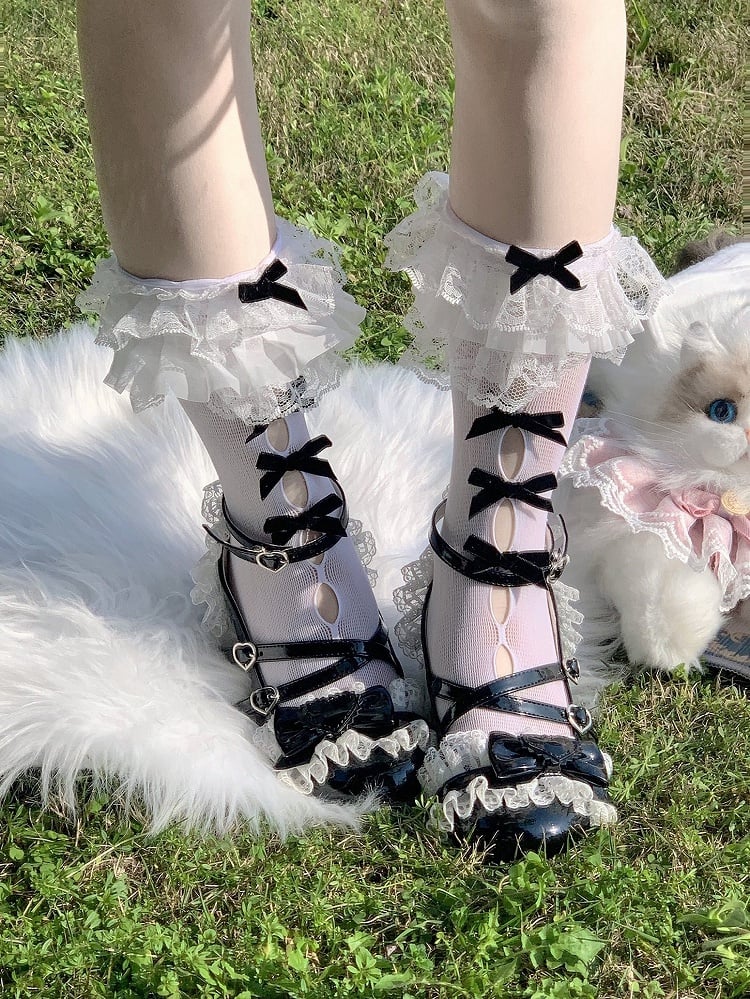 Ruffled Socks Cutout Bow Style Lolita Lace Calf Pink (Colors: