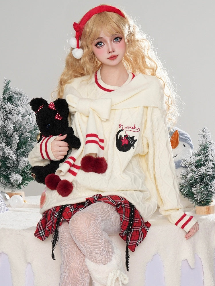 White Kitty Embroidery Scarf Round Neck Christmas Sweater