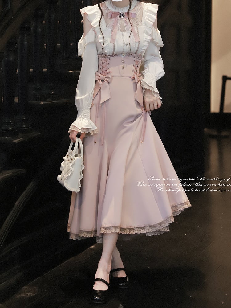 Light Pink Skirt Detail Mermaid Lace Lace-Up Trim and with High-Waisted