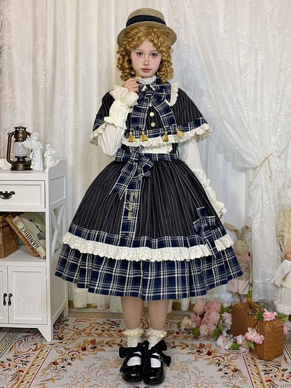 Blue Plaid and Black Striped Pattern Lolita JSK + Cape