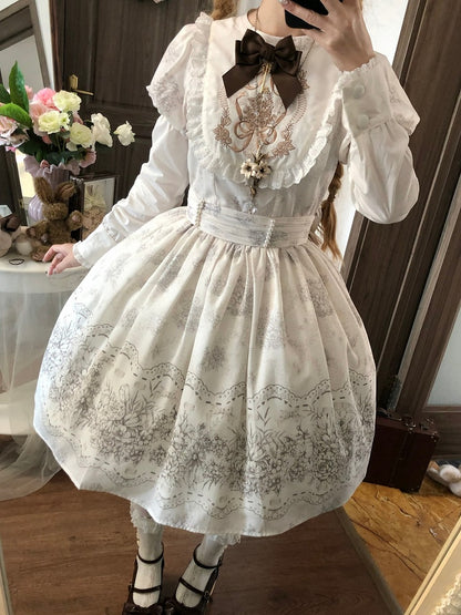 White and Piece Bodice Short Bowknot One Floral Embroidery Classic Version Lolita