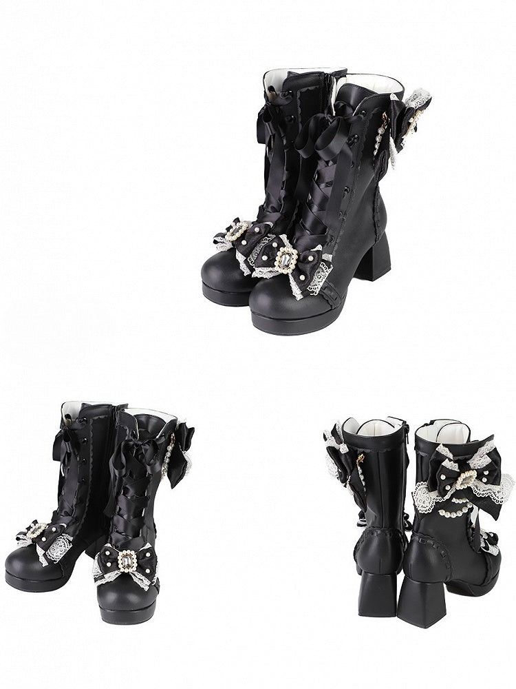 Black Sweet Lolita Boots with Beaded Bow - Sheep Puff