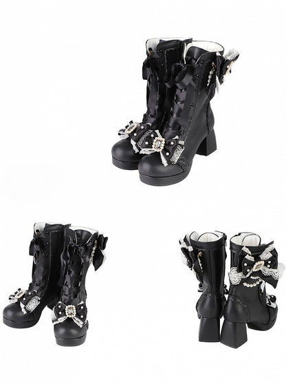 Black Sweet Lolita Boots with Beaded Bow - Sheep Puff