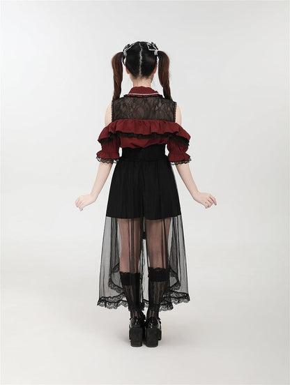 Double Kei Skirt Detachable Cross and Black with Buckles Chain Overlay Jirai Tulle