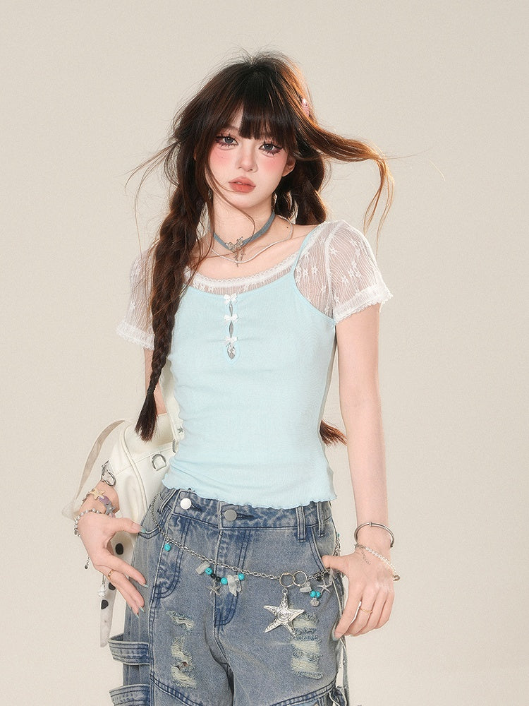 Mint Blue Slim-fitting Set Cami Top Cropped T-shirt Glamorous with Lace