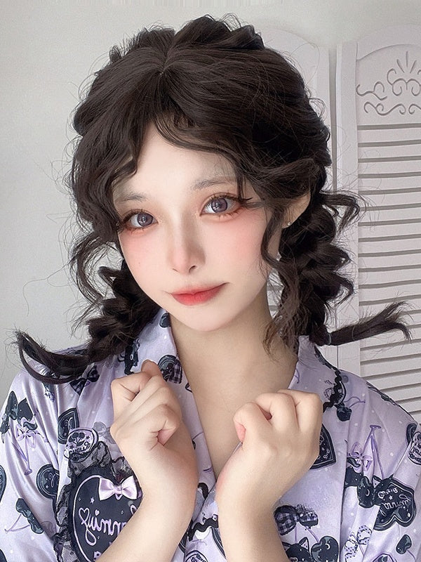 Schwarzbraune 40 cm schulterlange lockige Perücke mit Pony