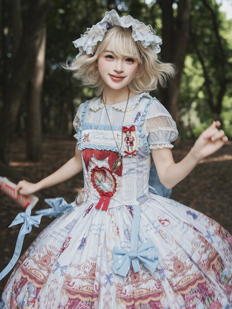 Alice in Wonderland Style Azure Sweet Skirt with Detachable Bow Ribbons - Forest Fairy Tales