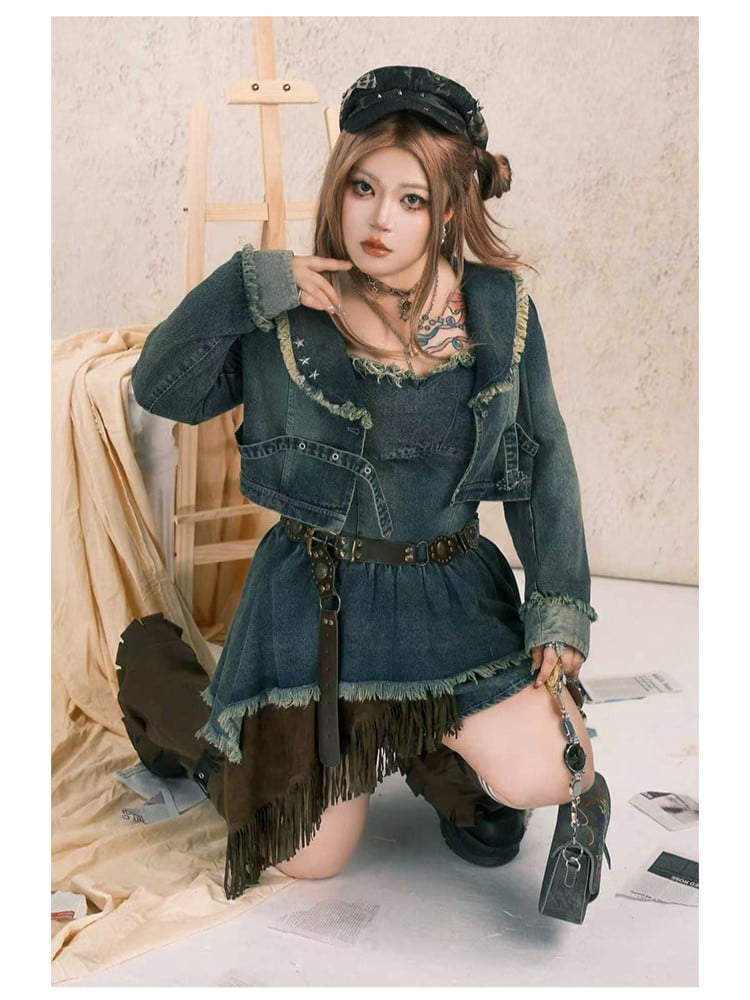 Size Jacket with Y2K Punk Hem Wasteland Plus Denim Gray-Blue Raw Crop