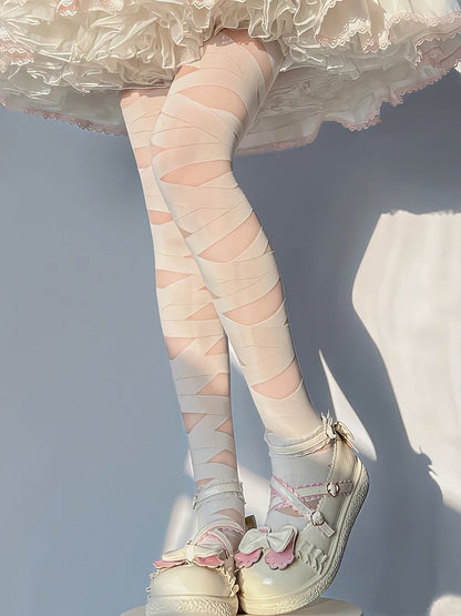 ブラック/ホワイト ロリータ クリスクロス バンドタイツ