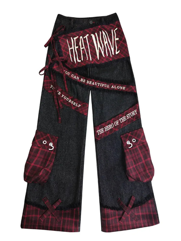 Plaid Black Cargo Pockets with Letters Jeans Embroidery Punk