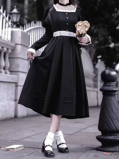 Sleeves Black Square Vintage Neck Midi Dress Elegant Juliet