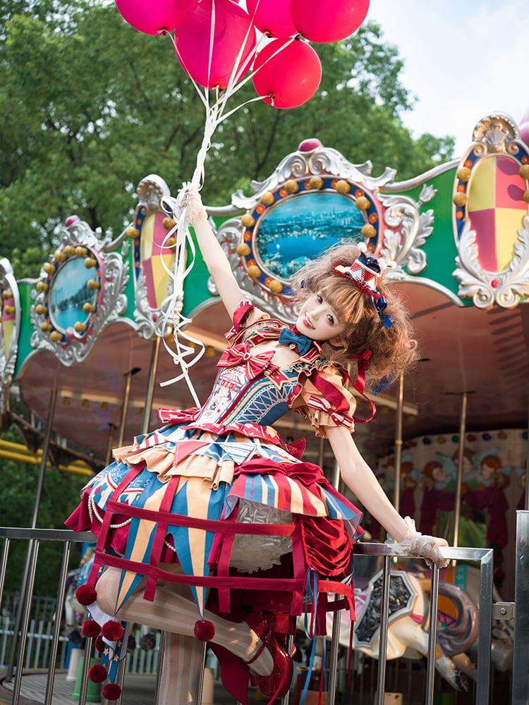 with Skirt Blue Jumper Sweet Dress Bunny Circus Embroidery and Sleeves Detachable Lolita Puff Red