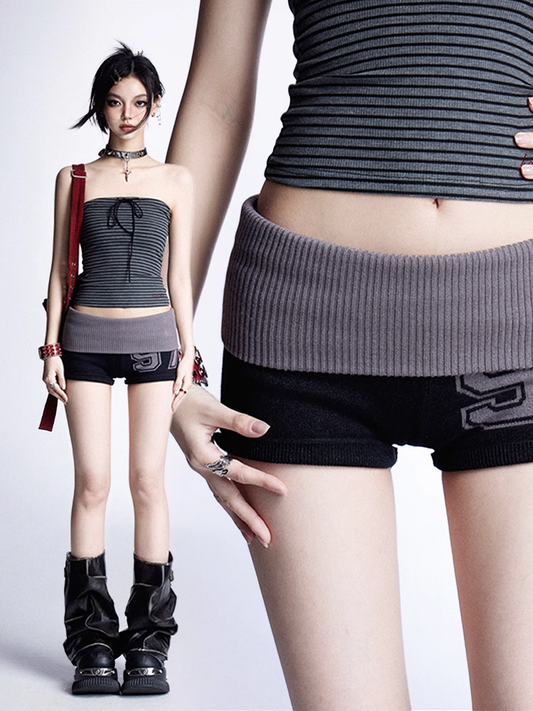 Elastische Taille Vintage Design Strickshorts Schwarz und Grau Colorblock