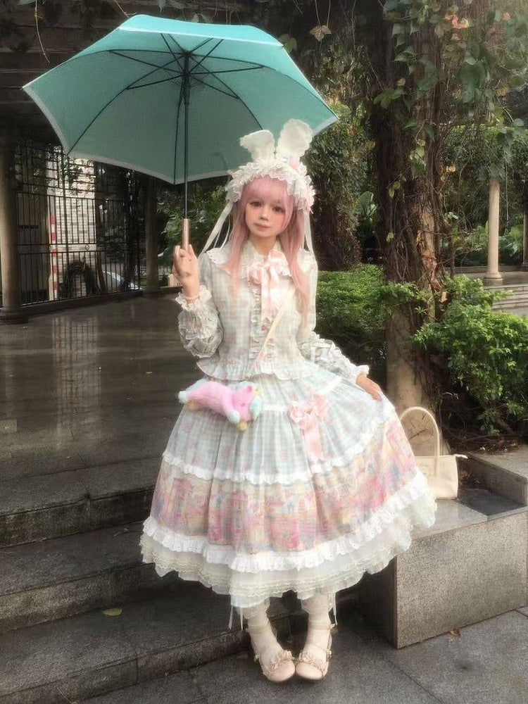 Sweet Peter Hat Lolita Plaid + Pan Print Top Bear Set Collar Skirt Pink Green