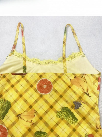 Y2K Muster Plaid Brief Hals + Gelb Obst Neckholder Cami Print Bittersüße Kleid Top Und Rot